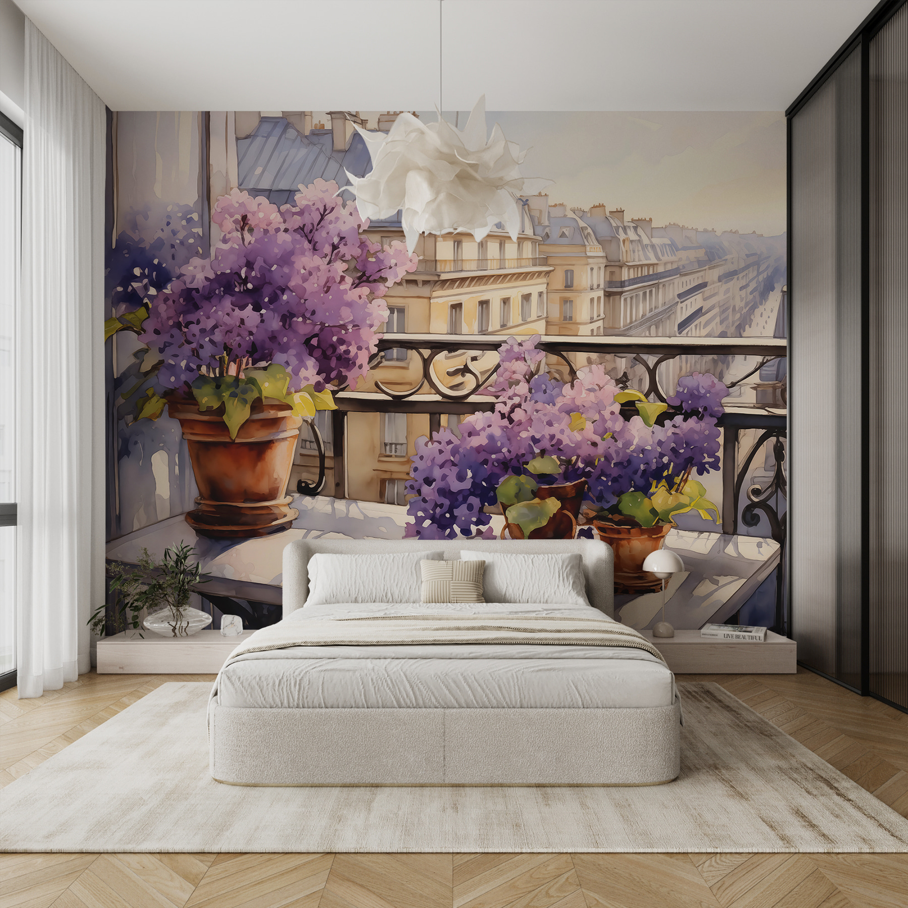 Painting of a balcony with purple flowers