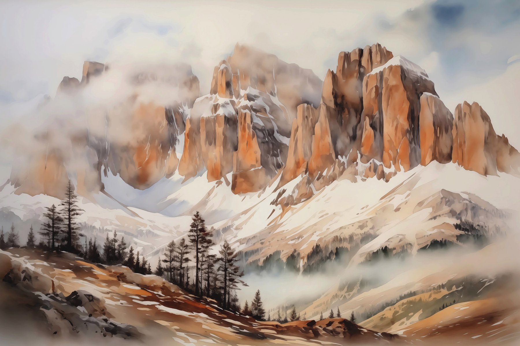 Mountain range with trees and clouds