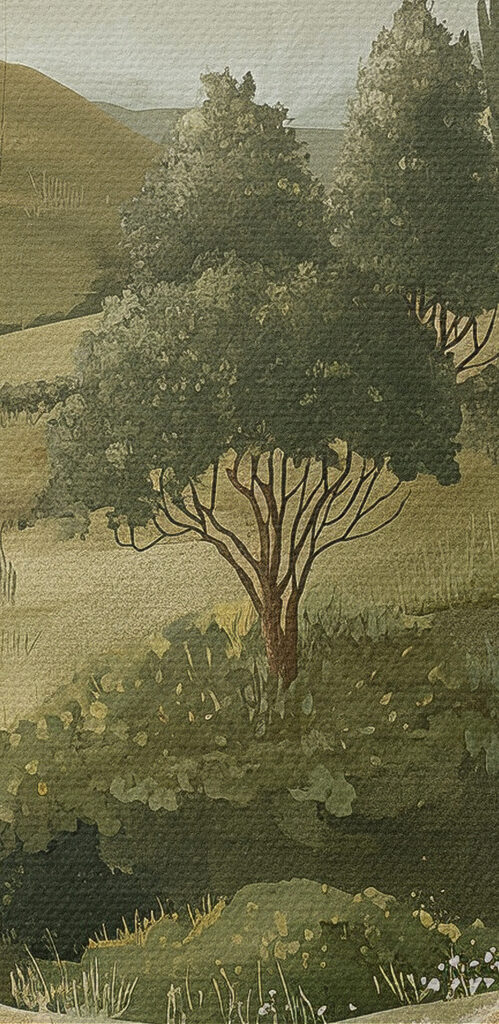 Painting of a landscape with trees and hills