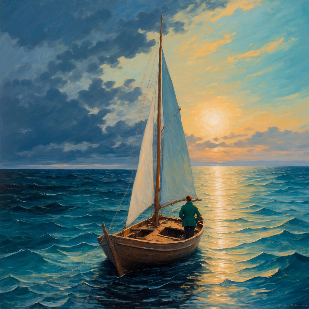 Painting of a man in a boat in the ocean