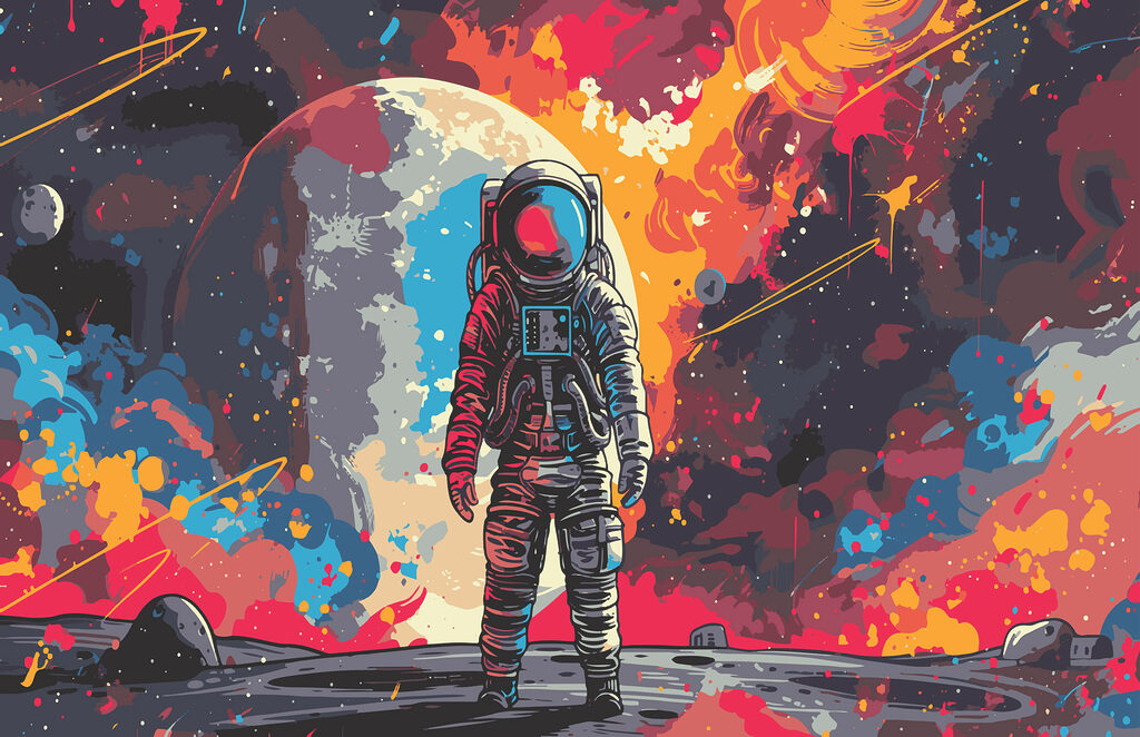 Astronaut ve vesmíru s velkým červeným a oranžovým prostorem za zády Astronaut ve vesmíru s velkým červeným a oranžovým prostorem za zády