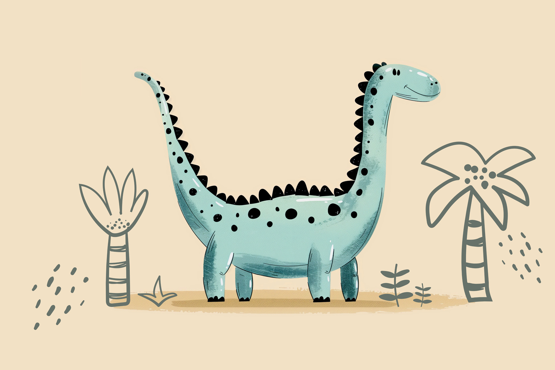 Cartoon dinosaur with plants and leaves Cartoon dinosaur with plants and leaves