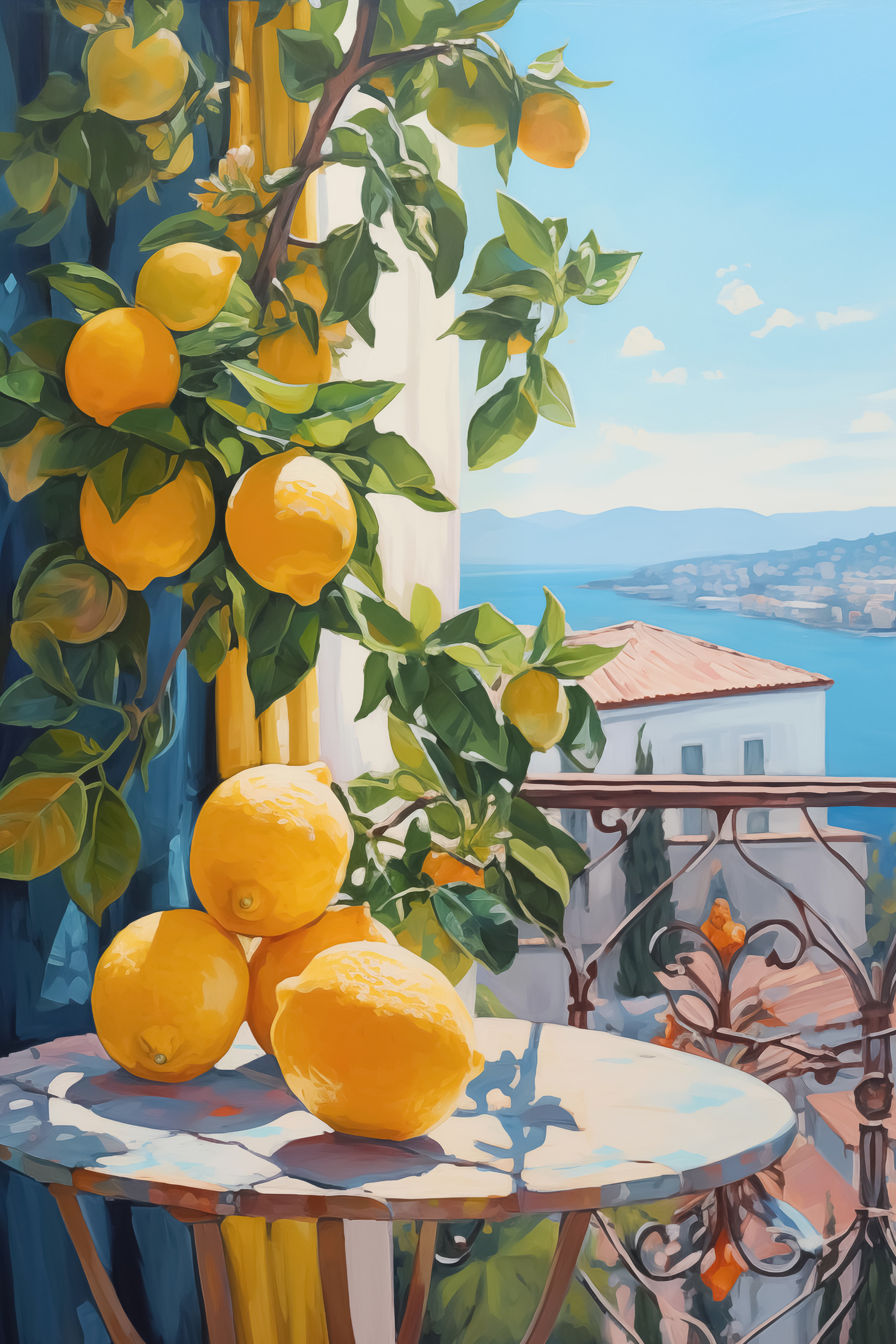 Painting of lemons on a table