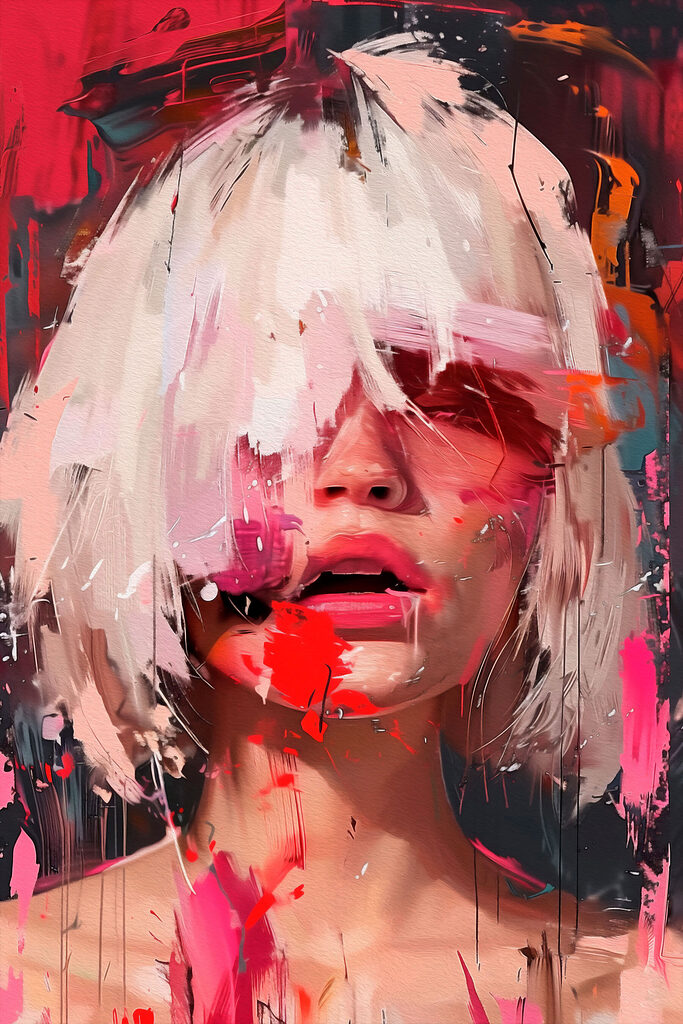Woman with white hair and pink paint