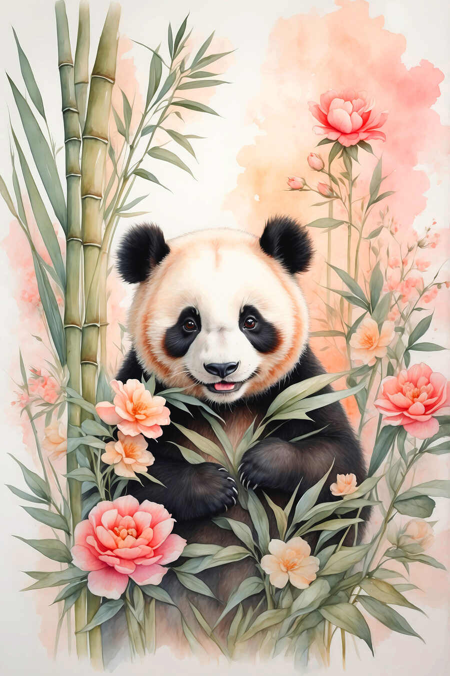 Medvídek panda s květinami a bambusem Medvídek panda s květinami a bambusem