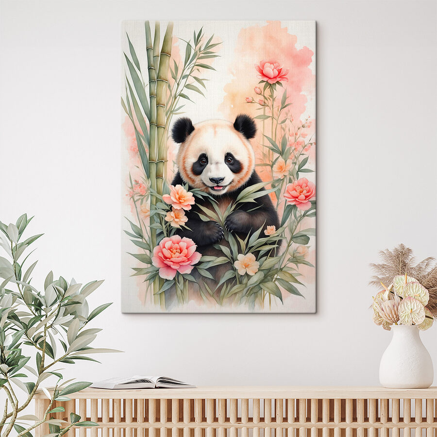 Medvídek panda s květinami a bambusem Medvídek panda s květinami a bambusem
