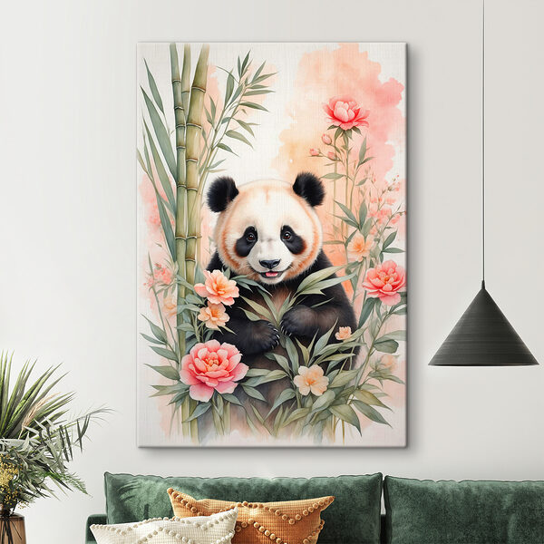 Medvídek panda s květinami a bambusem Medvídek panda s květinami a bambusem