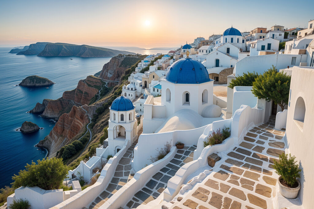 White buildings with blue domes on a hill with a body of water in the background