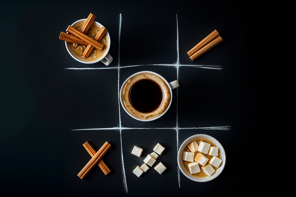 Tic tac toe game with coffee and marshmallows Tic tac toe game with coffee and marshmallows