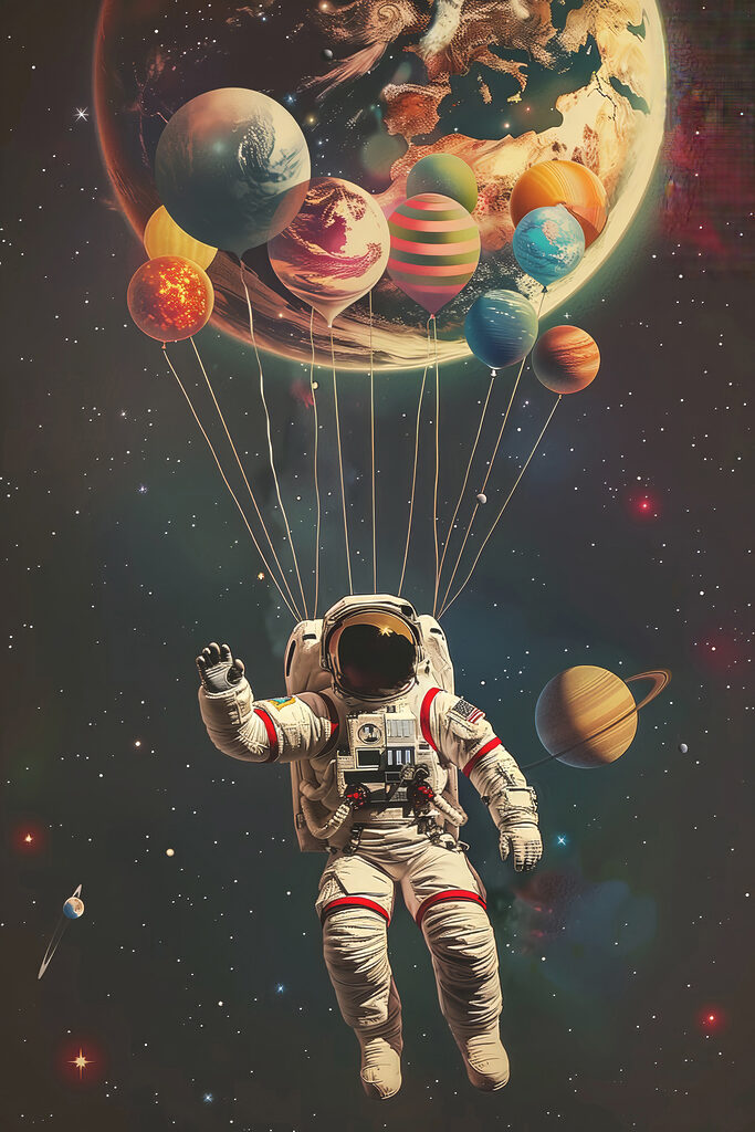 An astronaut floating in space with balloons