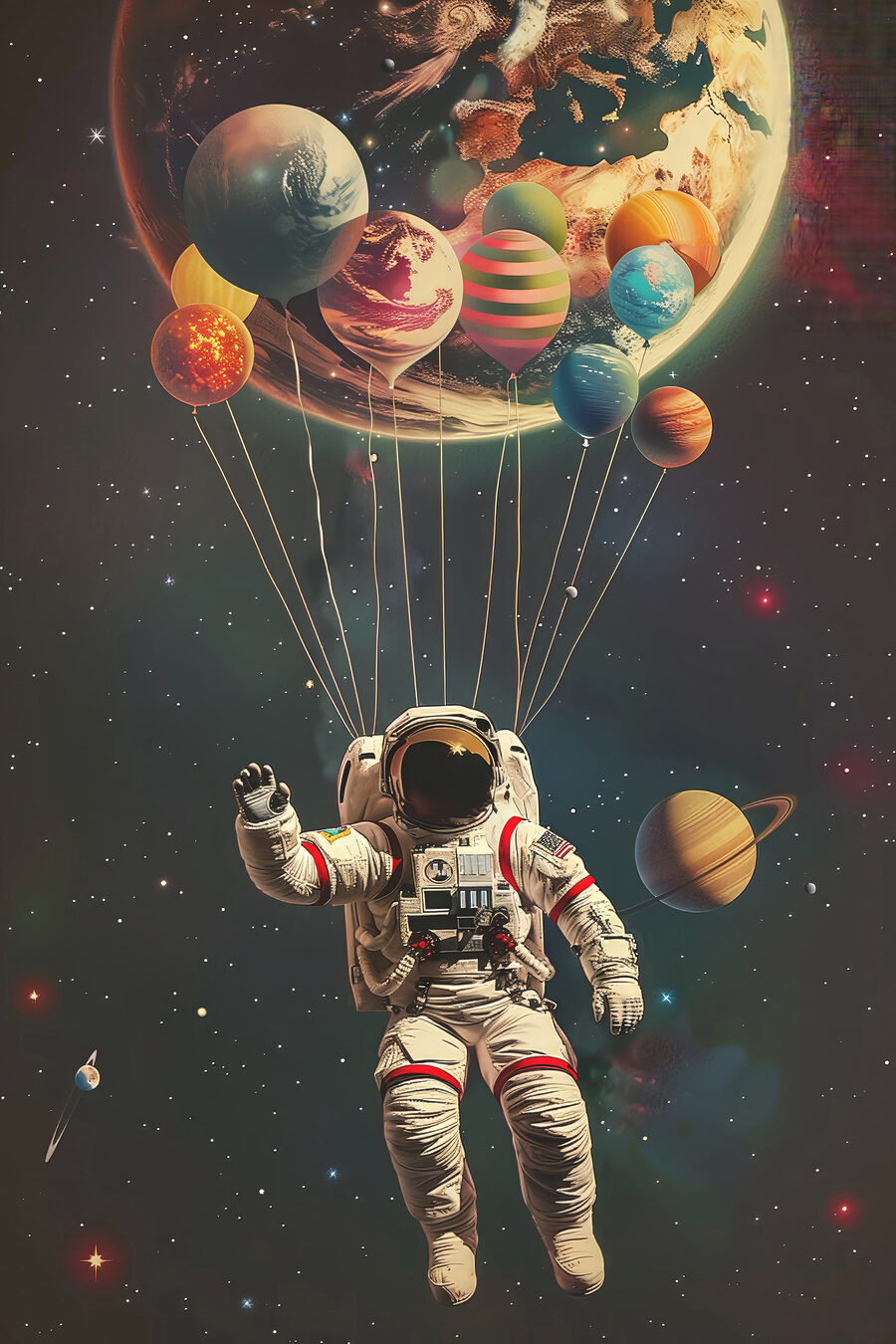 Astronaut vznášející se ve vesmíru s balónky