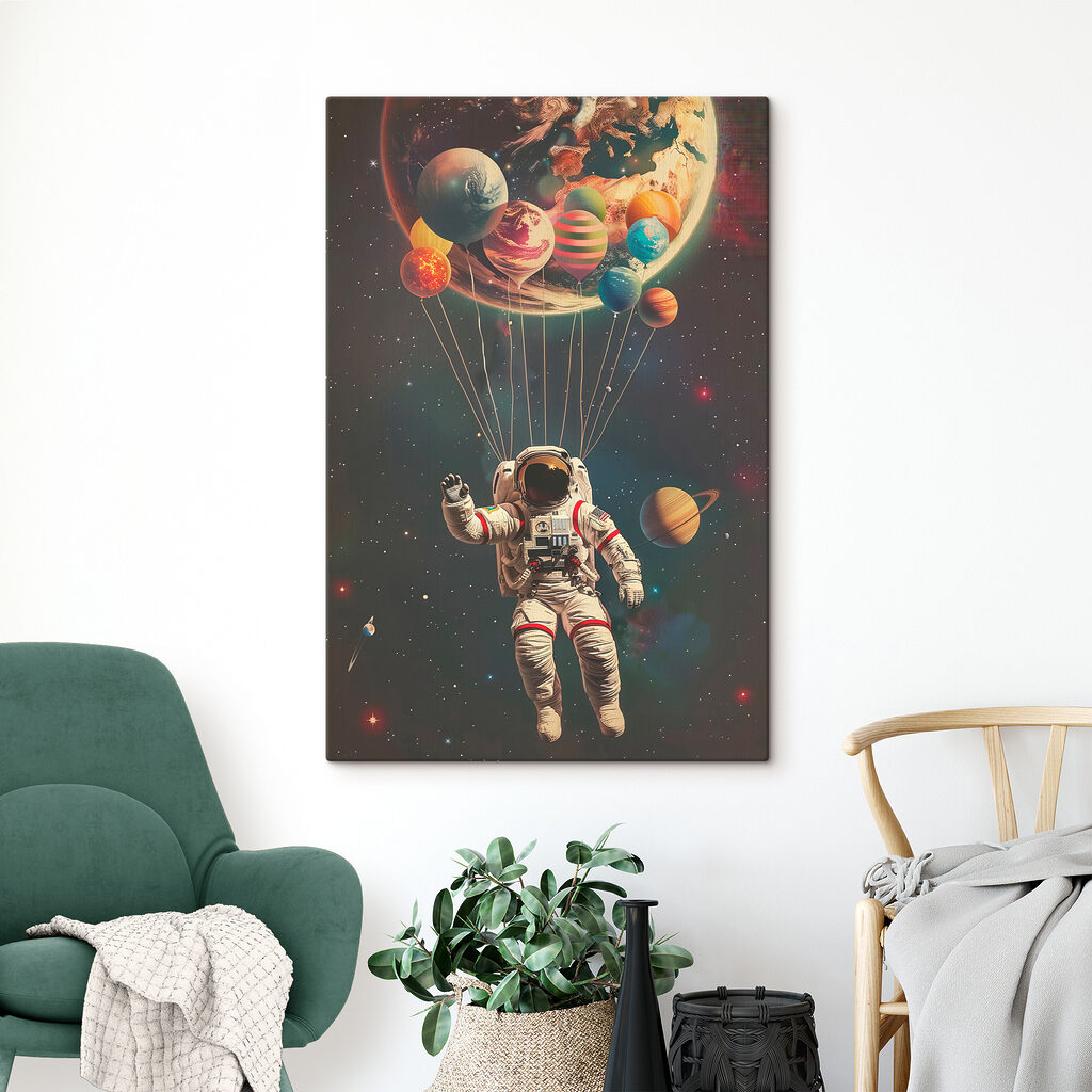 An astronaut floating in space with balloons
