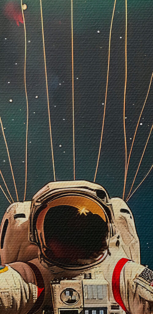An astronaut floating in space with balloons