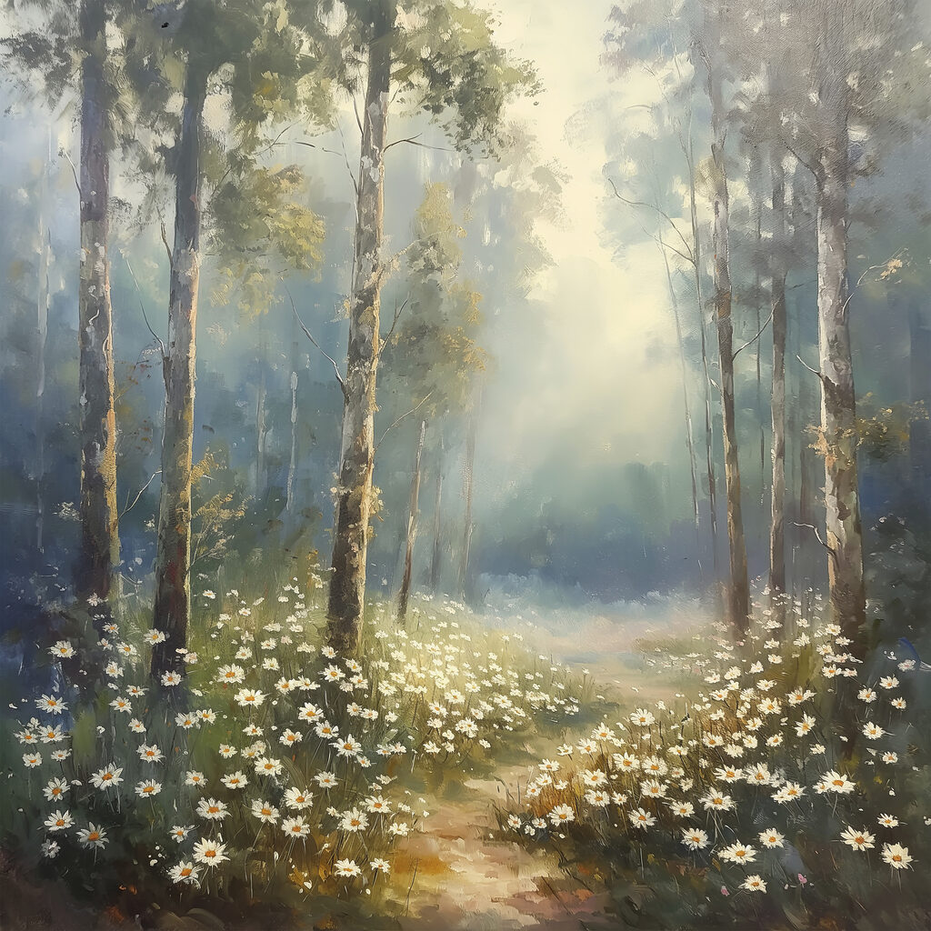 Painting of a forest with flowers and trees