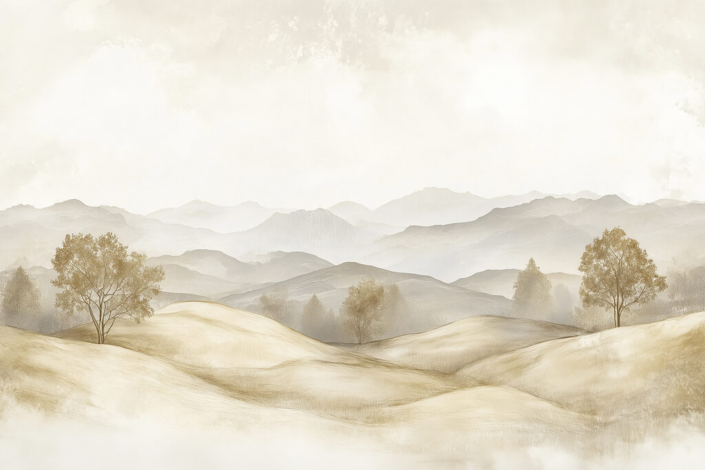 Landscape of hills with trees and mountains in the background