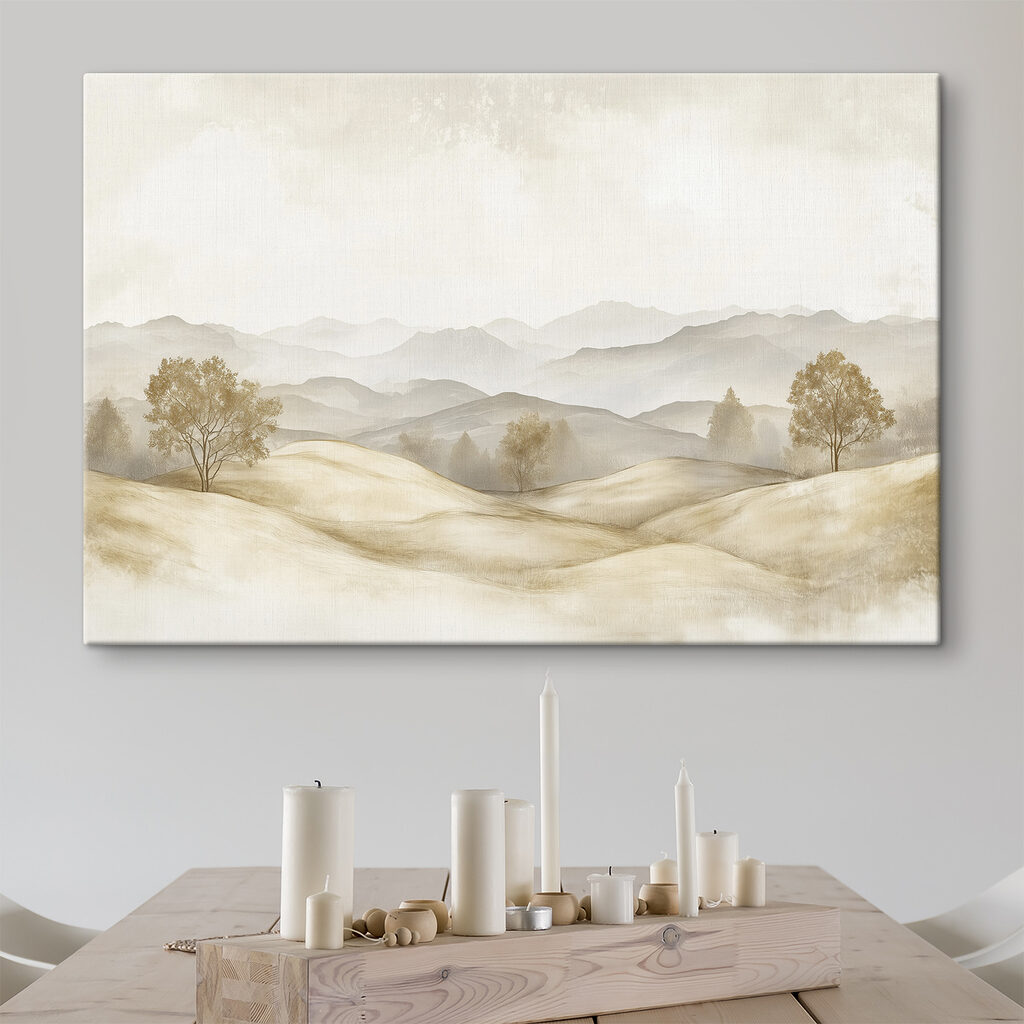 Landscape of hills with trees and mountains in the background