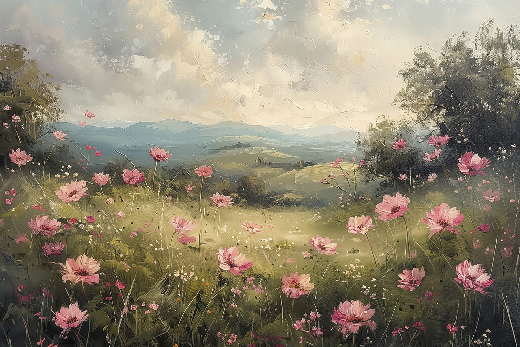 Painting of a field of pink flowers