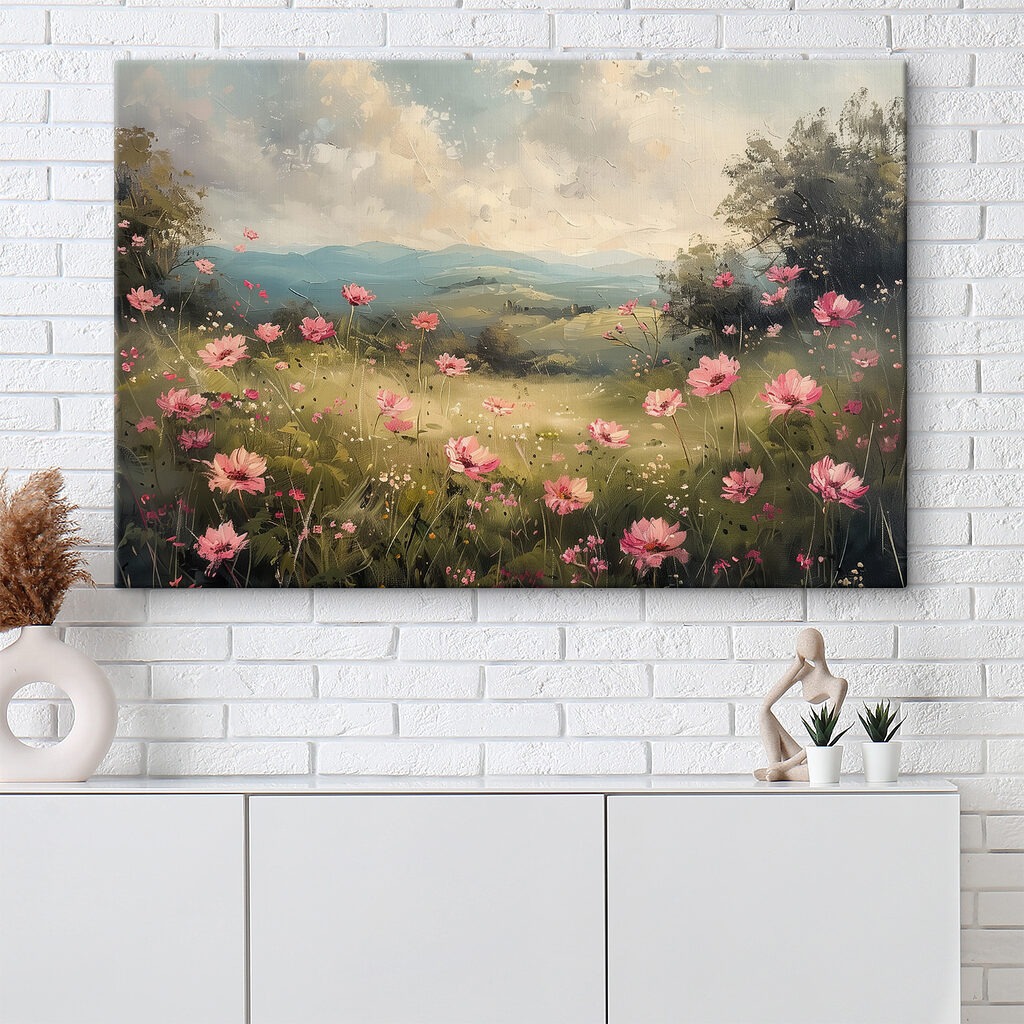Painting of a field of pink flowers