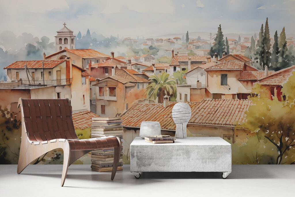 Watercolor of a town with many buildings and trees