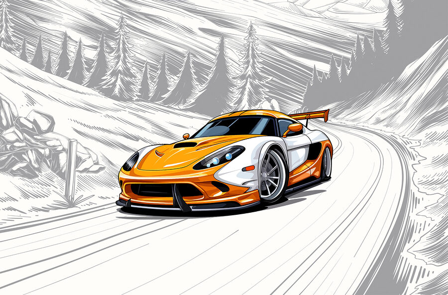 Fototapeta Žlutobílé sportovní auto na zasněžené silnici - Image 6