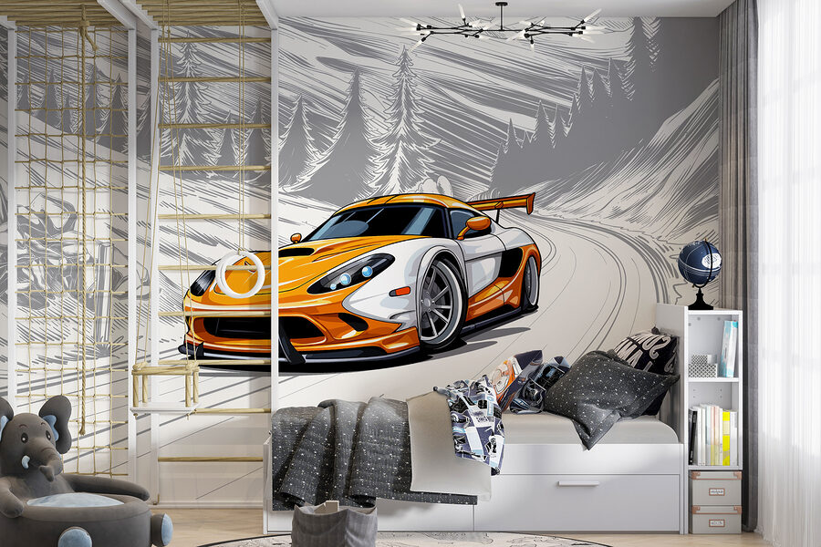 Fototapeta Žlutobílé sportovní auto na zasněžené silnici