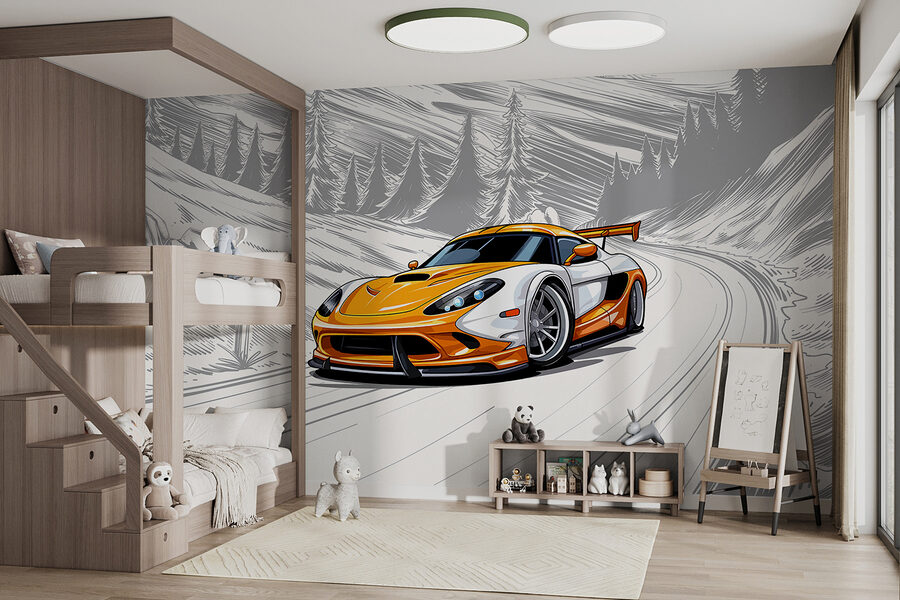 Fototapeta Žlutobílé sportovní auto na zasněžené silnici - Image 2