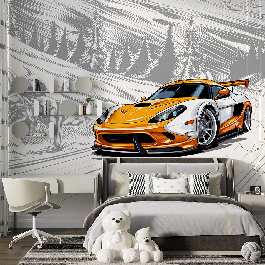Fototapeta Žlutobílé sportovní auto na zasněžené silnici - Image 4