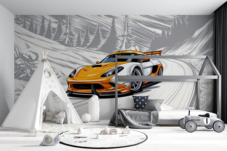 Fototapeta Žlutobílé sportovní auto na zasněžené silnici - Image 5