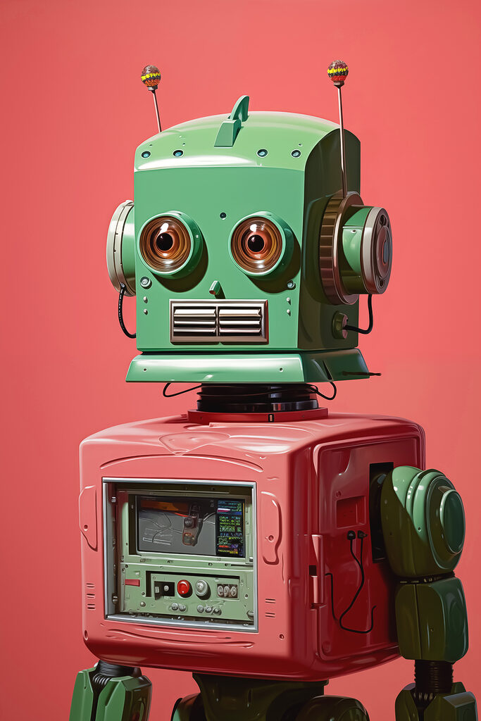 Green and pink robot with large eyes Green and pink robot with large eyes