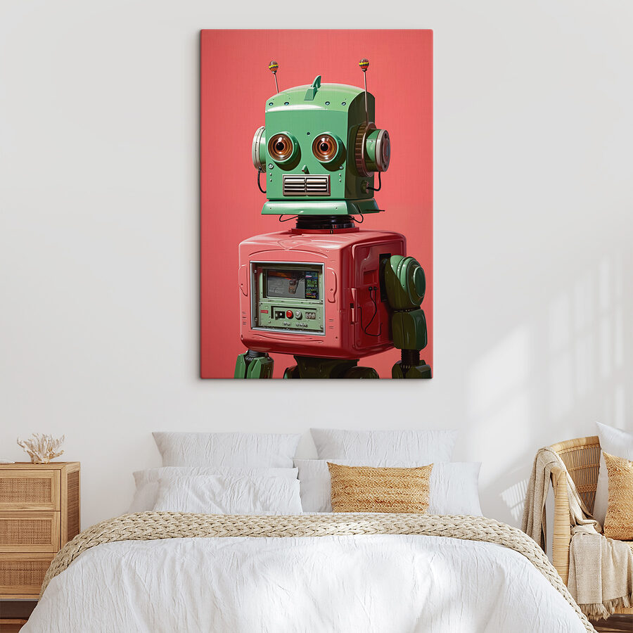 Zelený a růžový robot s velkýma očima