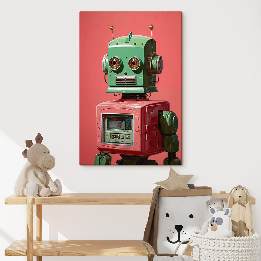 Zelený a růžový robot s velkýma očima
