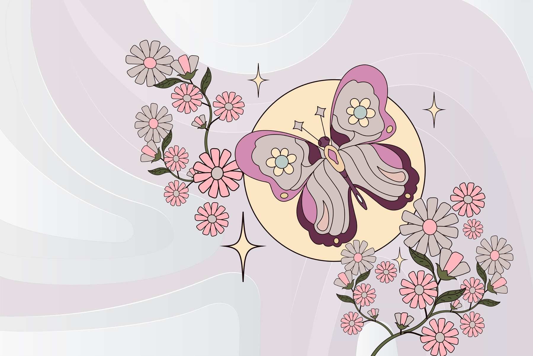 Butterfly and flowers on a white background