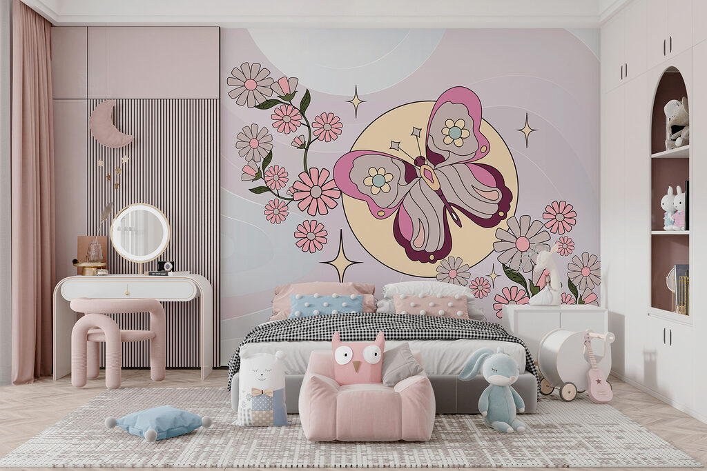 Butterfly and flowers on a white background