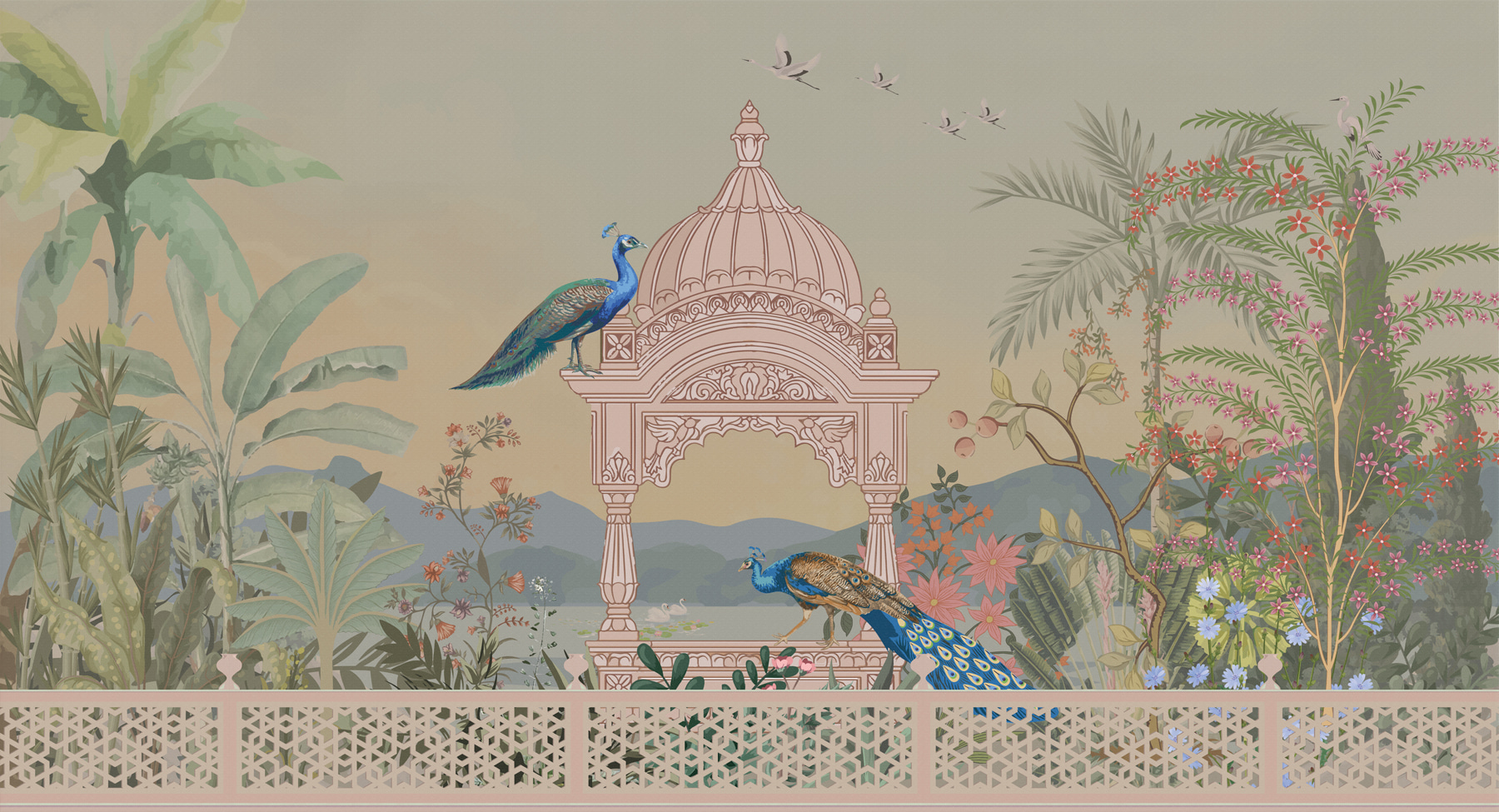 Mural of a building with a roof and birds Mural of a building with a roof and birds