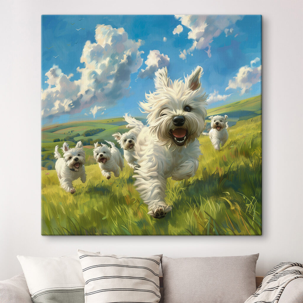 Group of white dogs running in a field