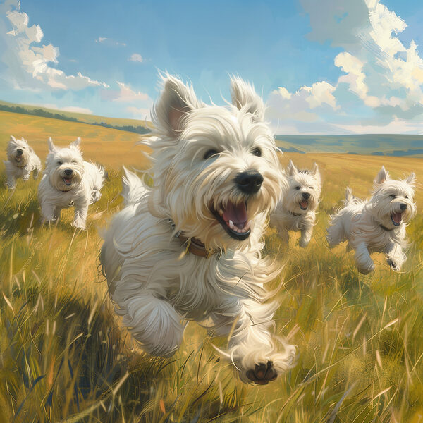 Group of white dogs running in a field