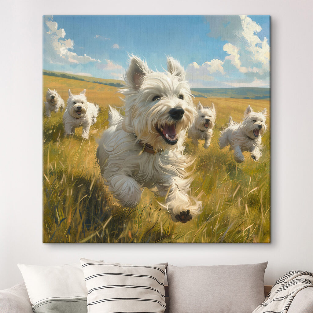 Group of white dogs running in a field