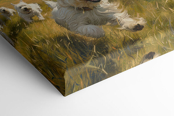 Group of white dogs running in a field