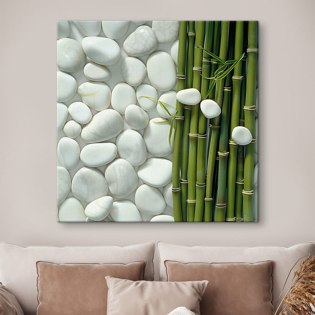 Group of green bamboo stems and white rocks
