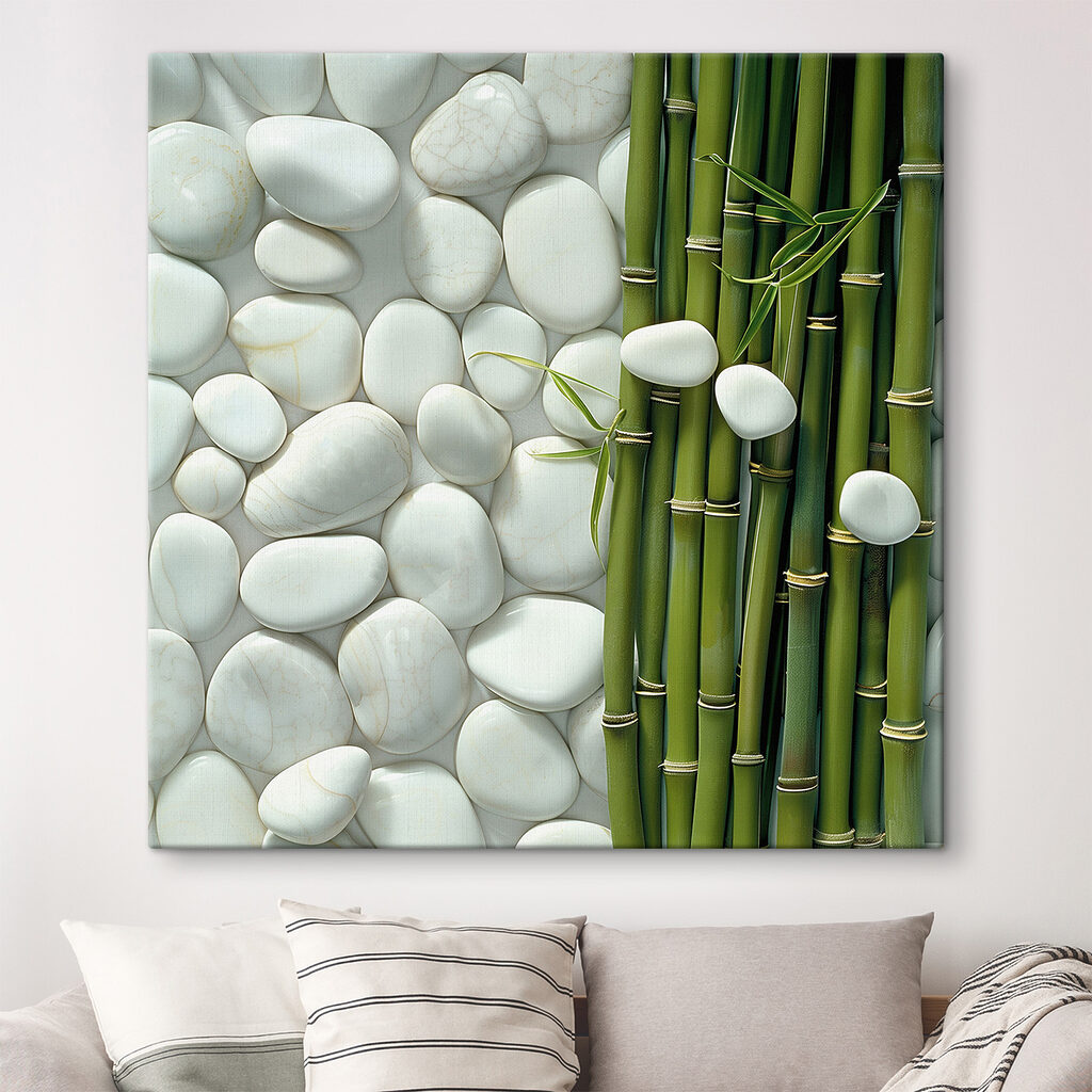Group of green bamboo stems and white rocks