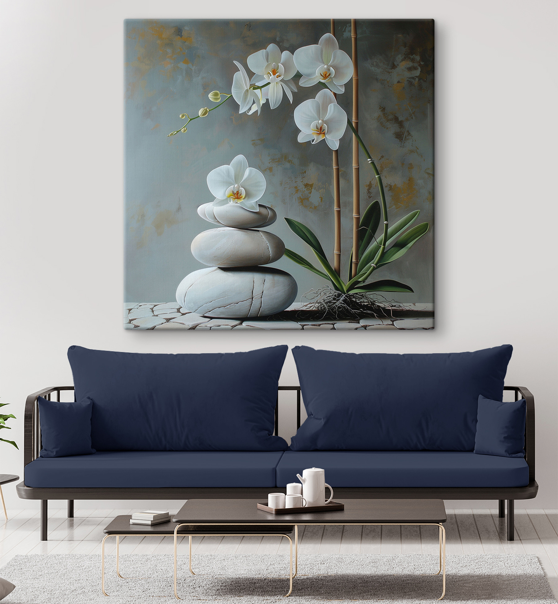 Painting of a plant and a stack of rocks