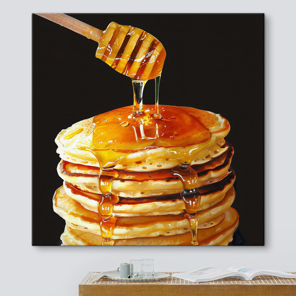 Stack of pancakes with honey dripping from a wooden stick Stack of pancakes with honey dripping from a wooden stick