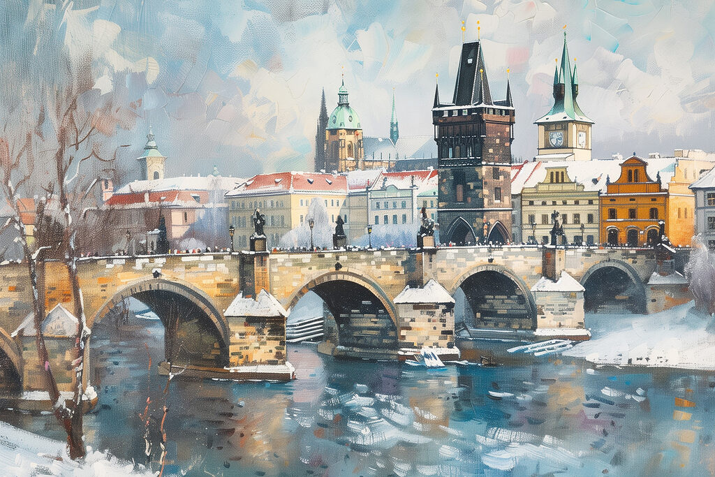 Bridge over water with buildings and snow