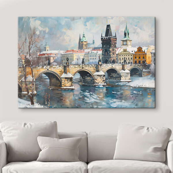 Most přes vodu s budovami a sněhem Most přes vodu s budovami a sněhem