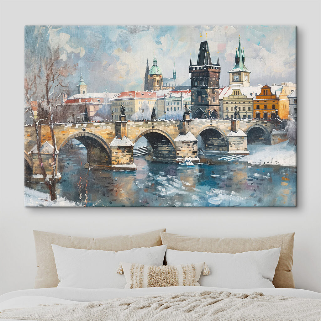 Bridge over water with buildings and snow