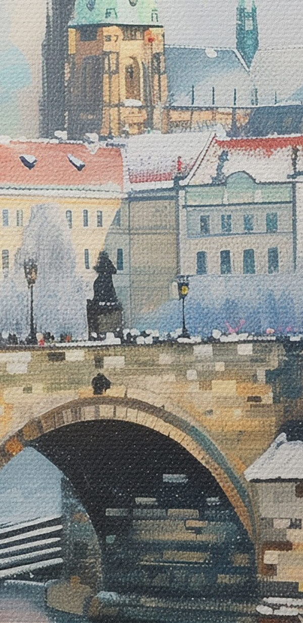 Most přes vodu s budovami a sněhem Most přes vodu s budovami a sněhem
