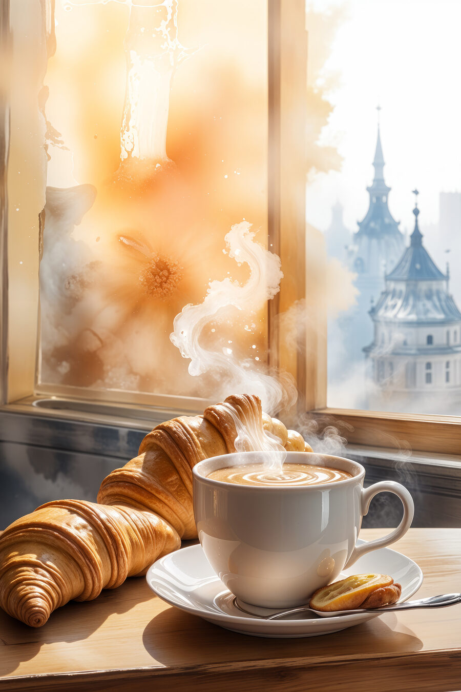 Šálek kávy a croissanty na stole