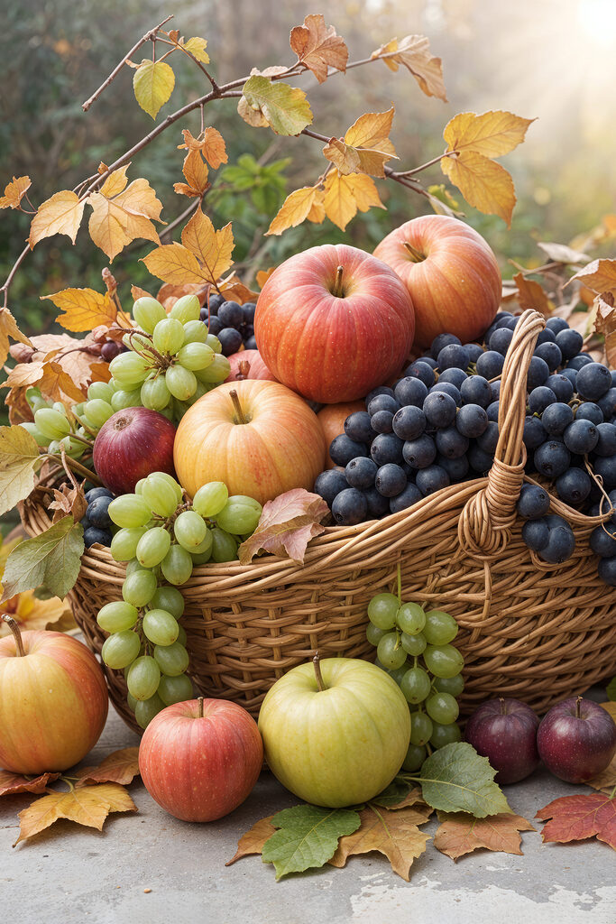 Basket of fruit with leaves