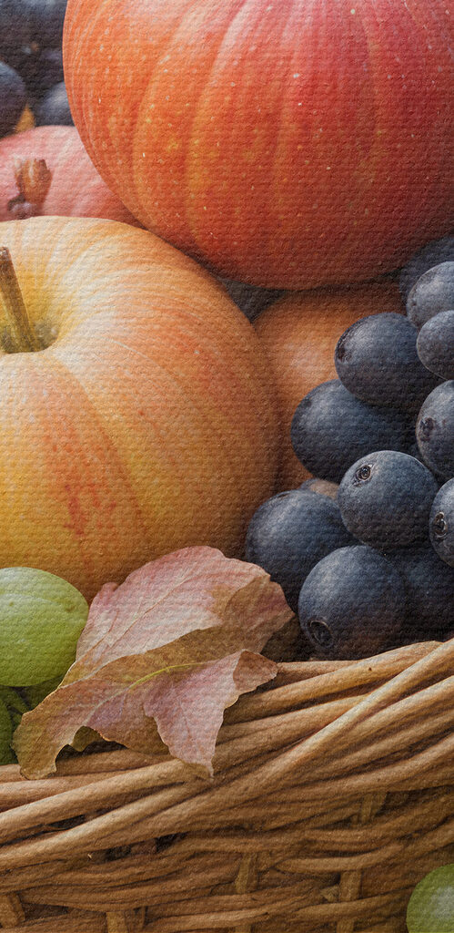 Basket of fruit with leaves