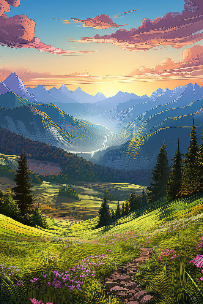 Landscape of mountains and trees